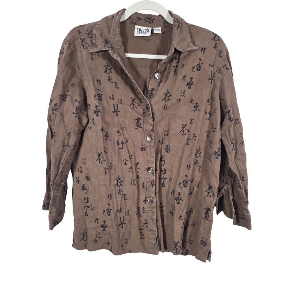 Chico's Design Linen Button Up Women Size 0 Brown Calligraphy Print Boho Chic